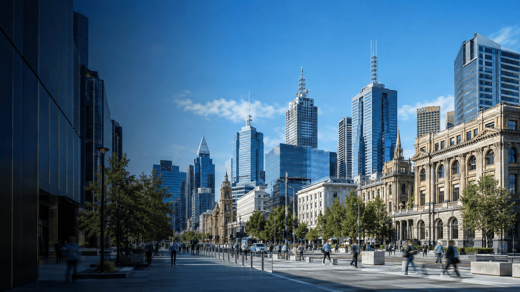 Melbourne CBD streetscape with heritage and modern commercial towers
